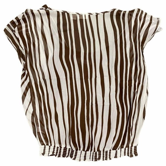 Cato M Chiffon Blouse Semi-Sheer Brown White Striped Cami Elastic Waist Flutter - Picture 2 of 7